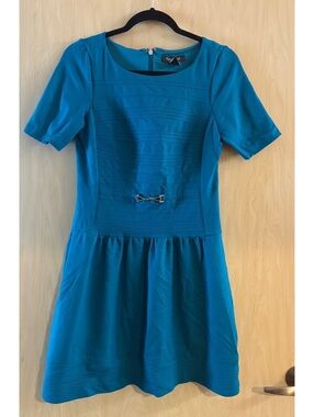 White House Black Market Teal short-sleeve pintuck drop-waist dress mini size 6
